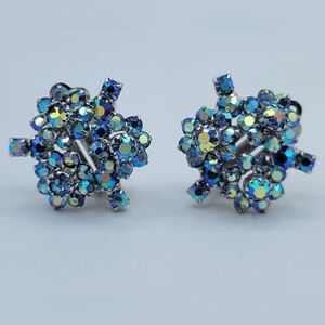 Continental Earrings Blue AB Floral Design Clip On #2525